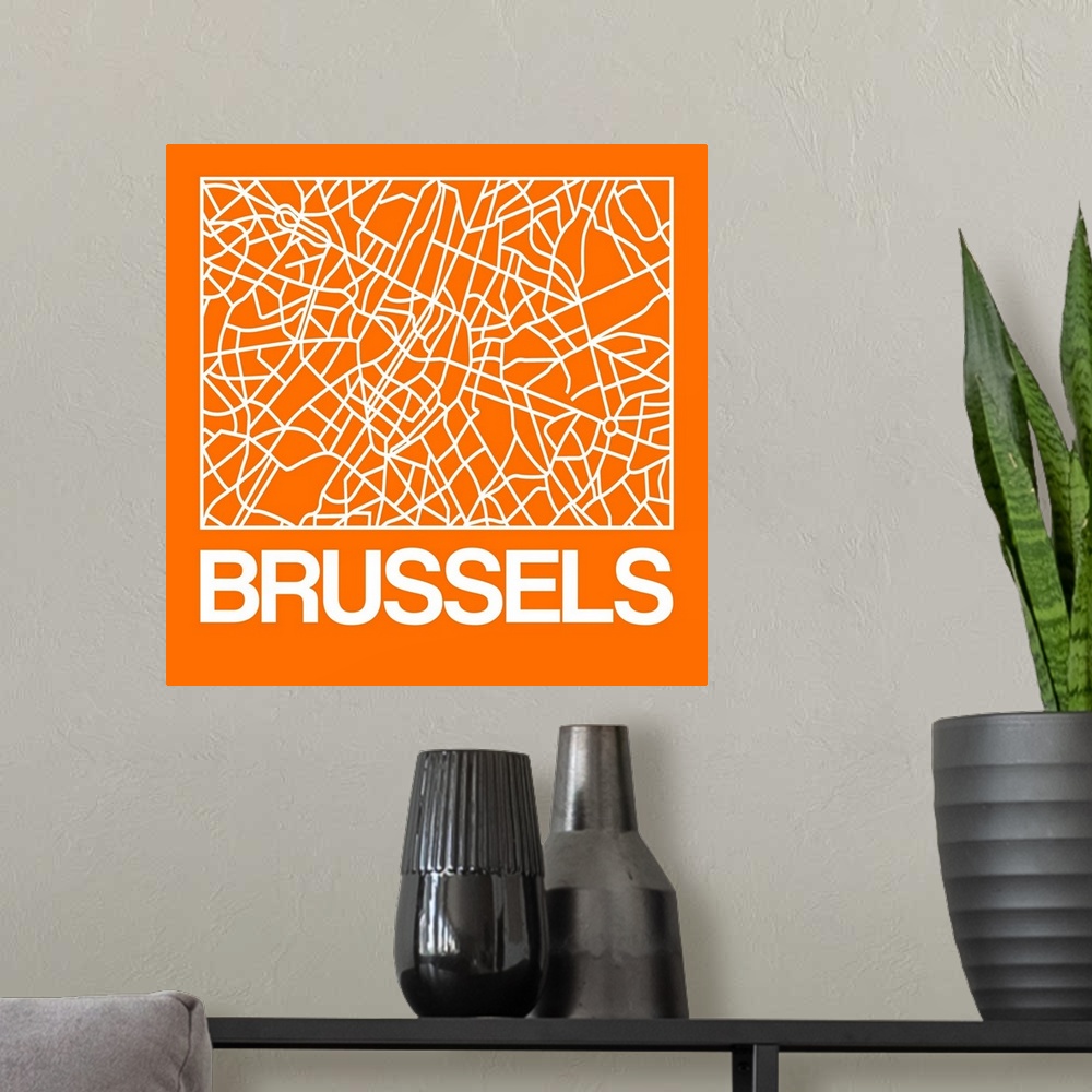 A modern room featuring Contemporary minimalist art map of the city streets of Brussels.