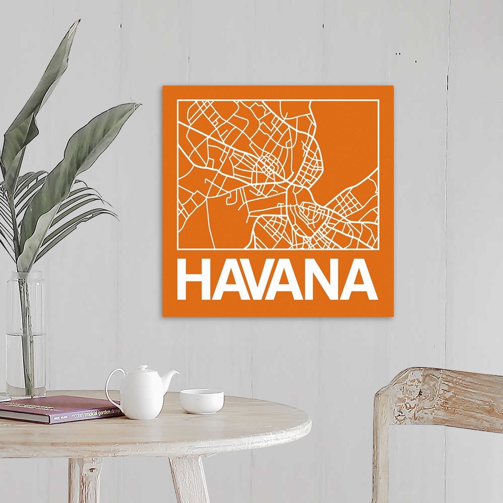 A farmhouse room featuring Contemporary minimalist art map of the city streets of Havana.