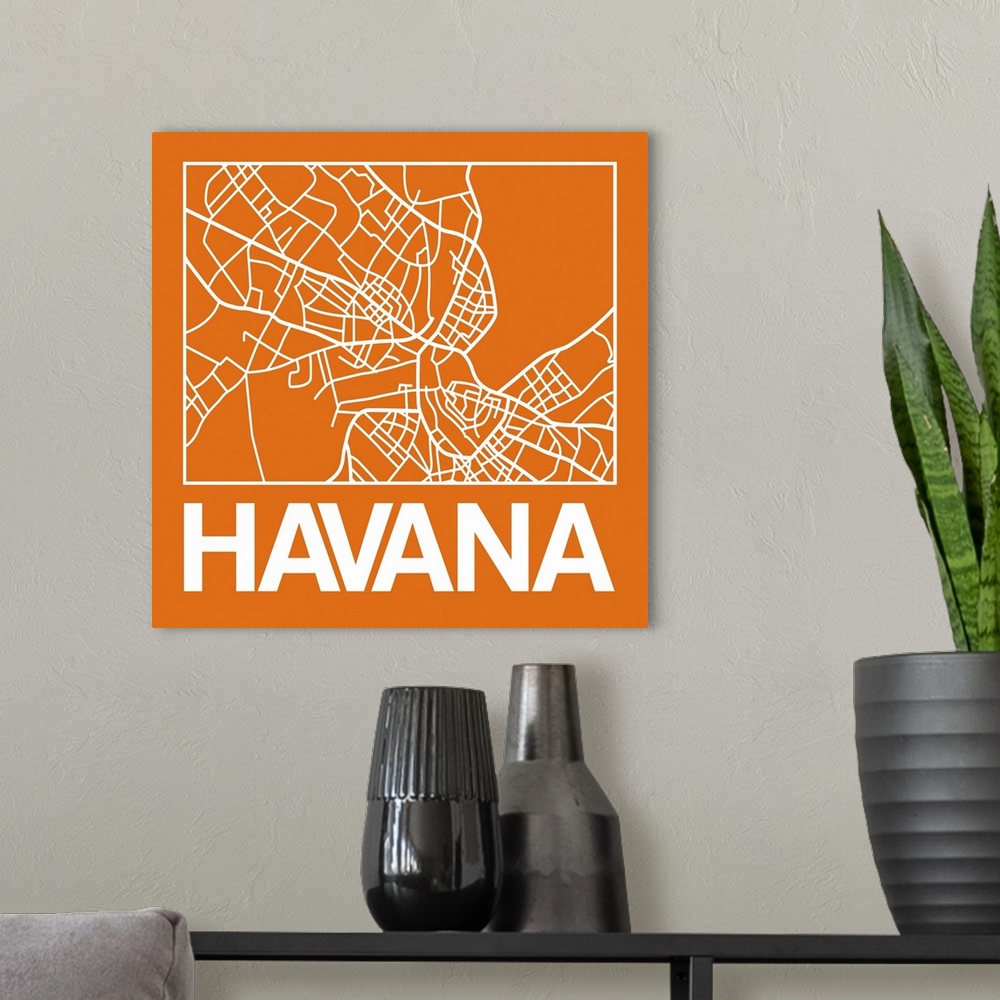 A modern room featuring Contemporary minimalist art map of the city streets of Havana.