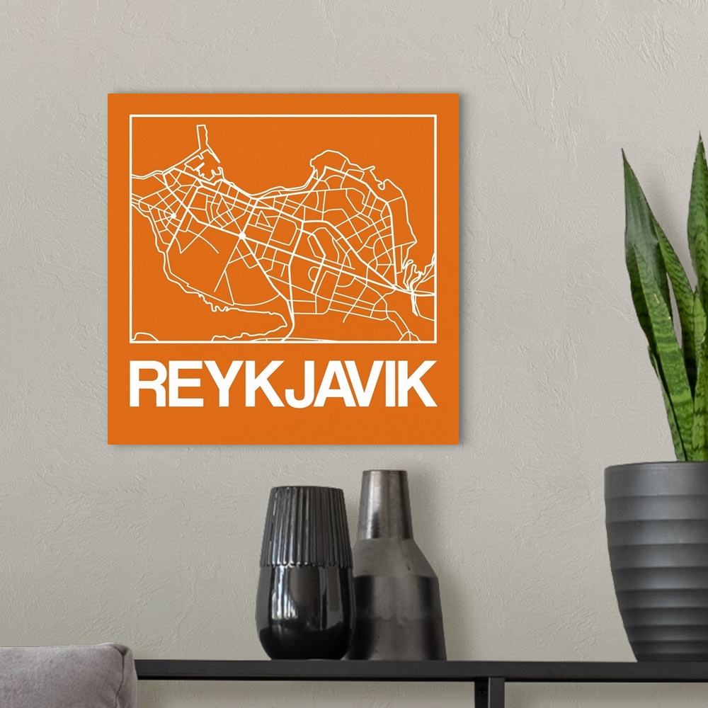 A modern room featuring Contemporary minimalist art map of the city streets of Reykjavik.