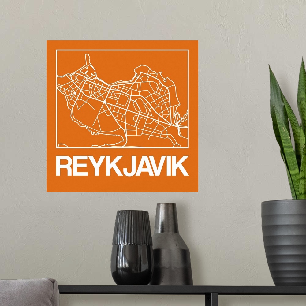 A modern room featuring Contemporary minimalist art map of the city streets of Reykjavik.