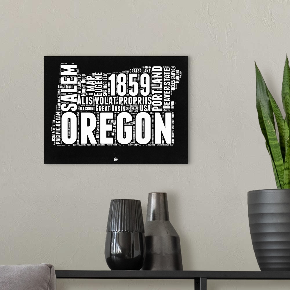 A modern room featuring Typography art map of the US state Oregon.