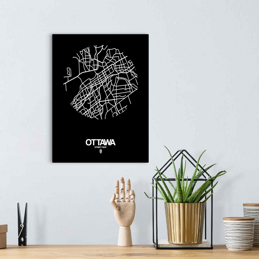 A bohemian room featuring Minimalist art map of the city streets of Ottawa in black and white.
