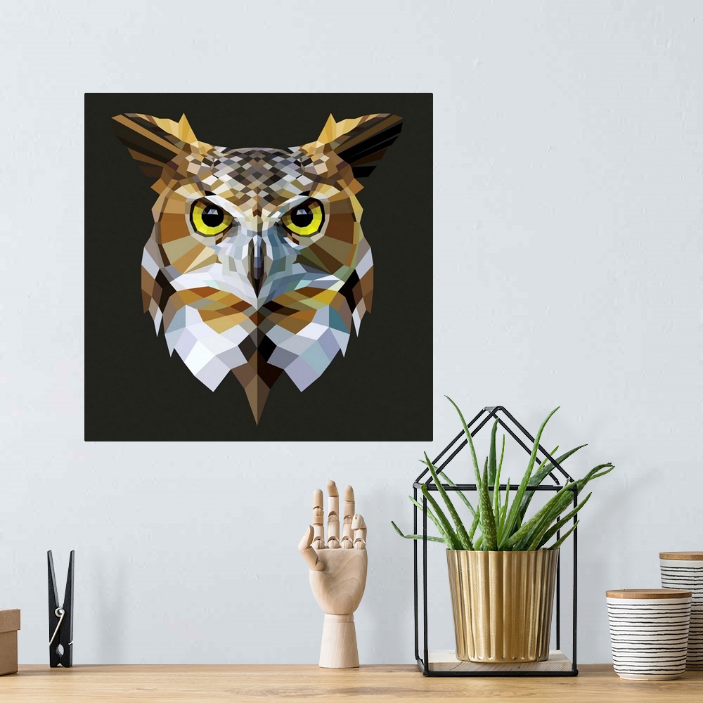 A bohemian room featuring Contemporary artwork of a polygon mesh owl portrait.