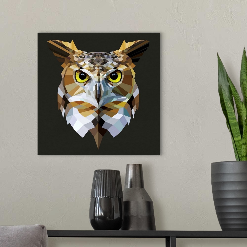 A modern room featuring Contemporary artwork of a polygon mesh owl portrait.