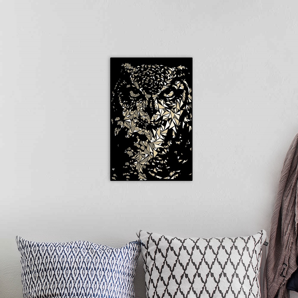 A bohemian room featuring Portrait of an owl made up of triangular geometric shapes.