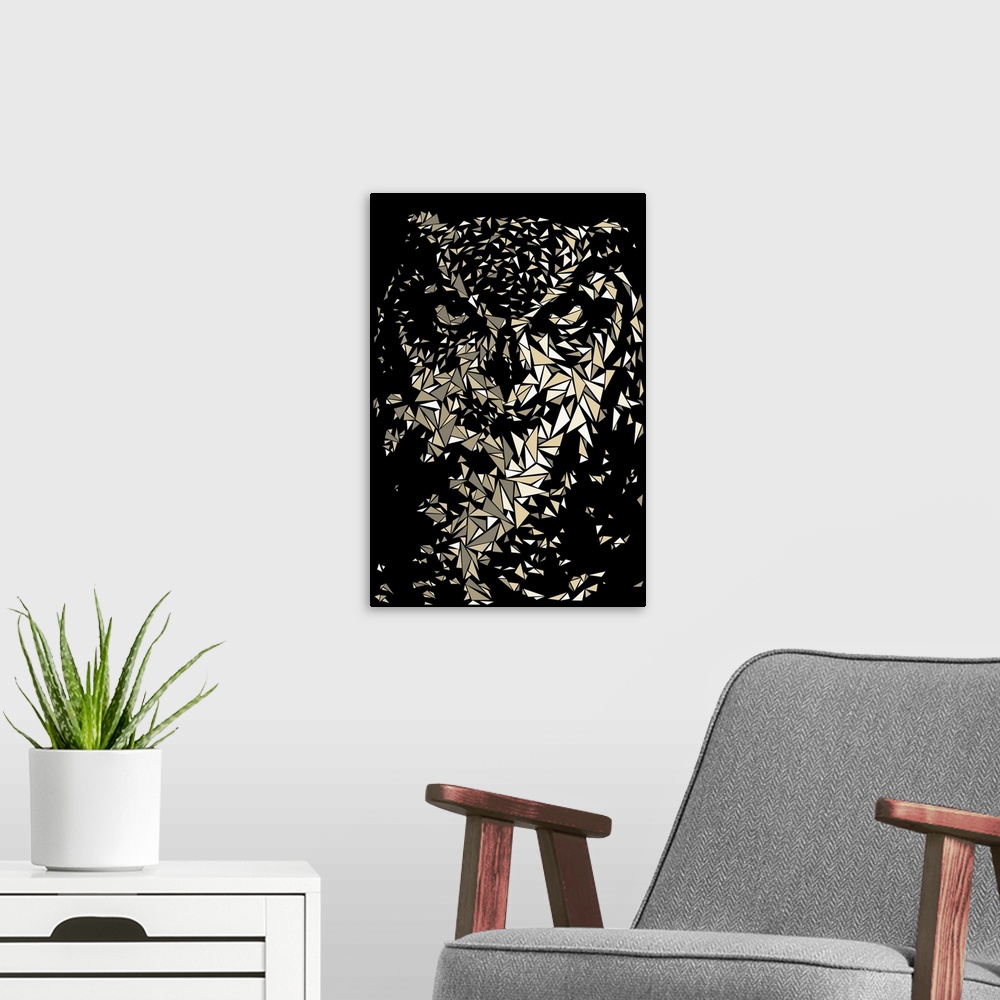 A modern room featuring Portrait of an owl made up of triangular geometric shapes.
