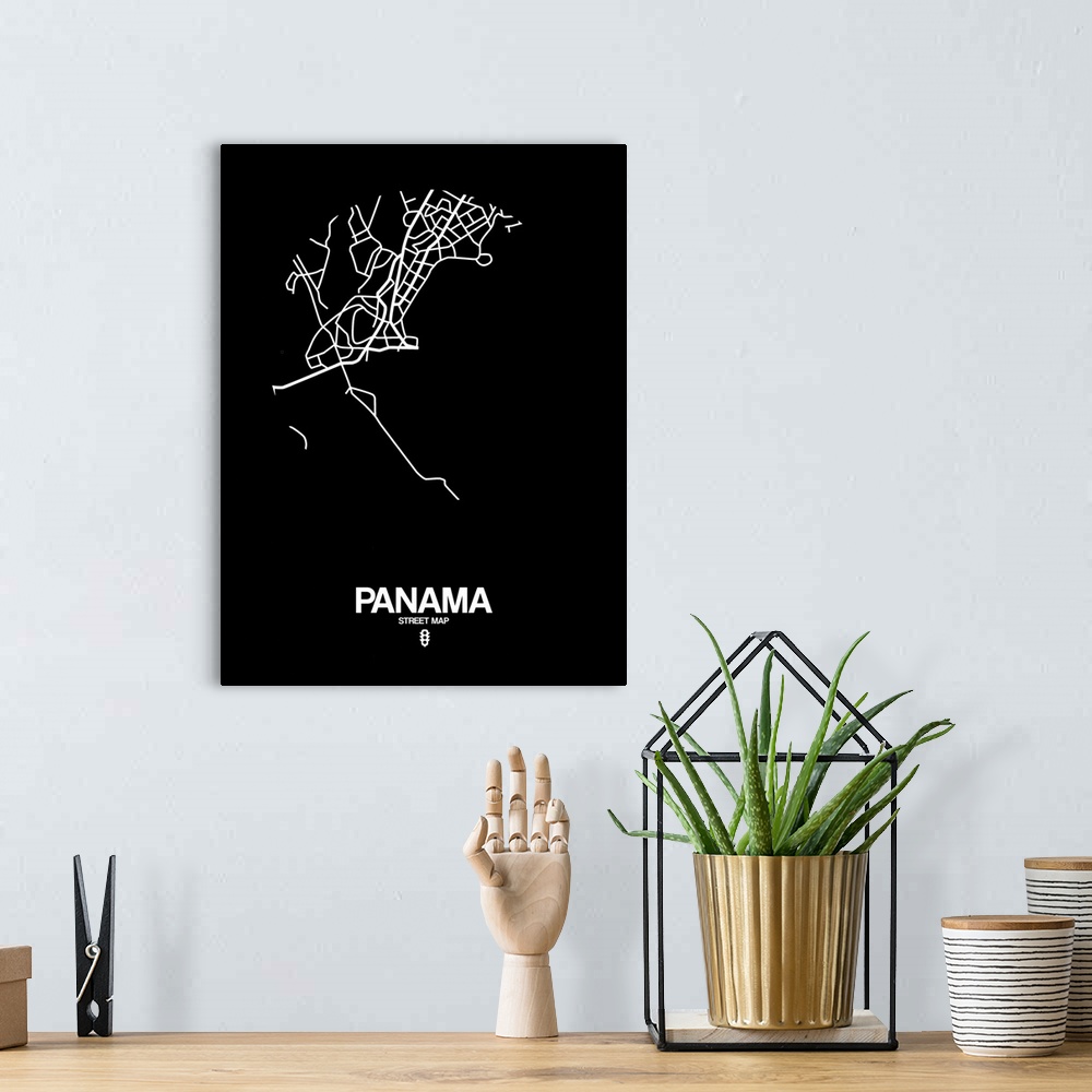 A bohemian room featuring Minimalist art map of the city streets of Panama in black and white.