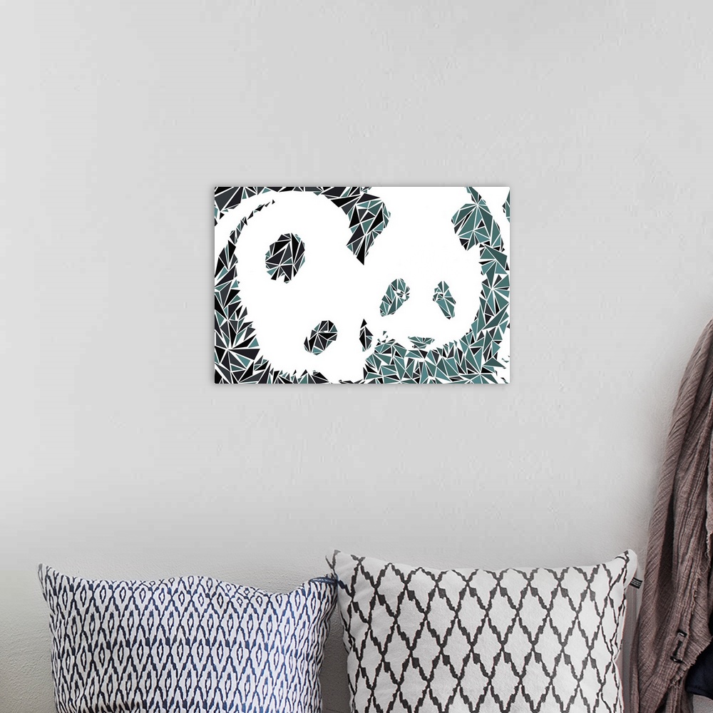 A bohemian room featuring Two pandas made up of triangular geometric shapes.
