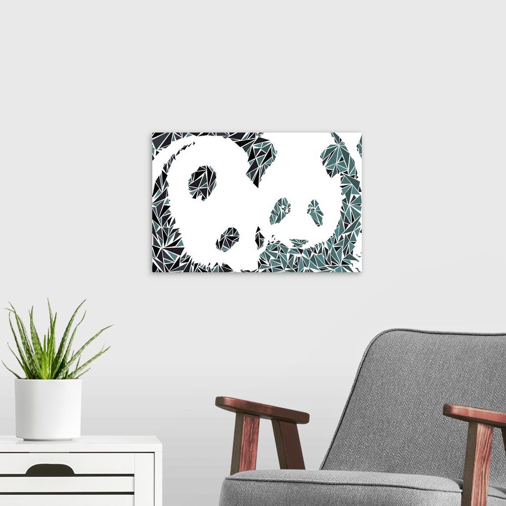 A modern room featuring Two pandas made up of triangular geometric shapes.