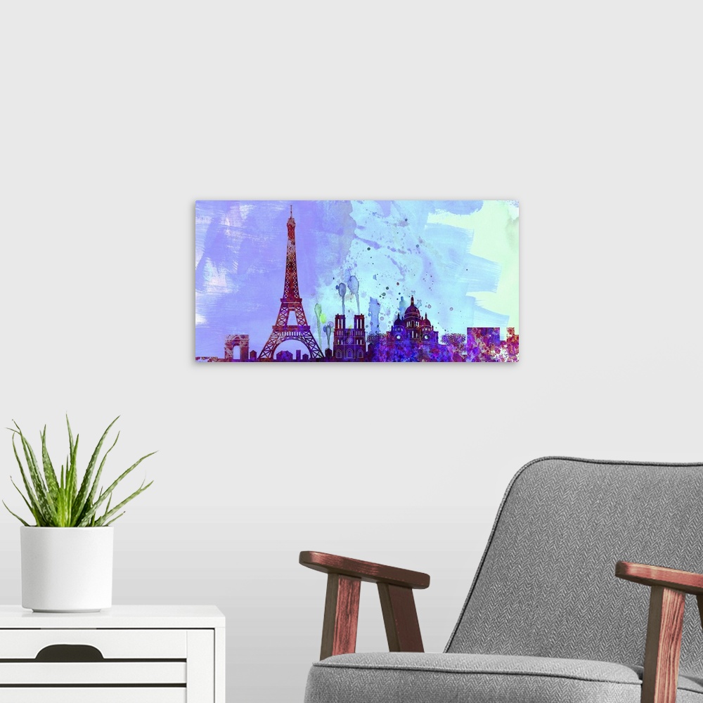A modern room featuring Watercolor artwork of the silhouette of the Paris city skyline.