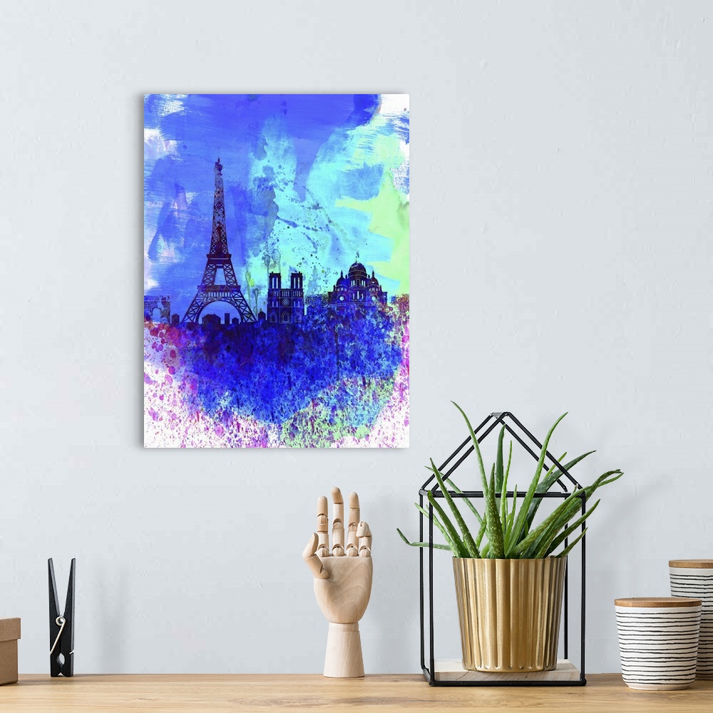 A bohemian room featuring Paris Watercolor Skyline