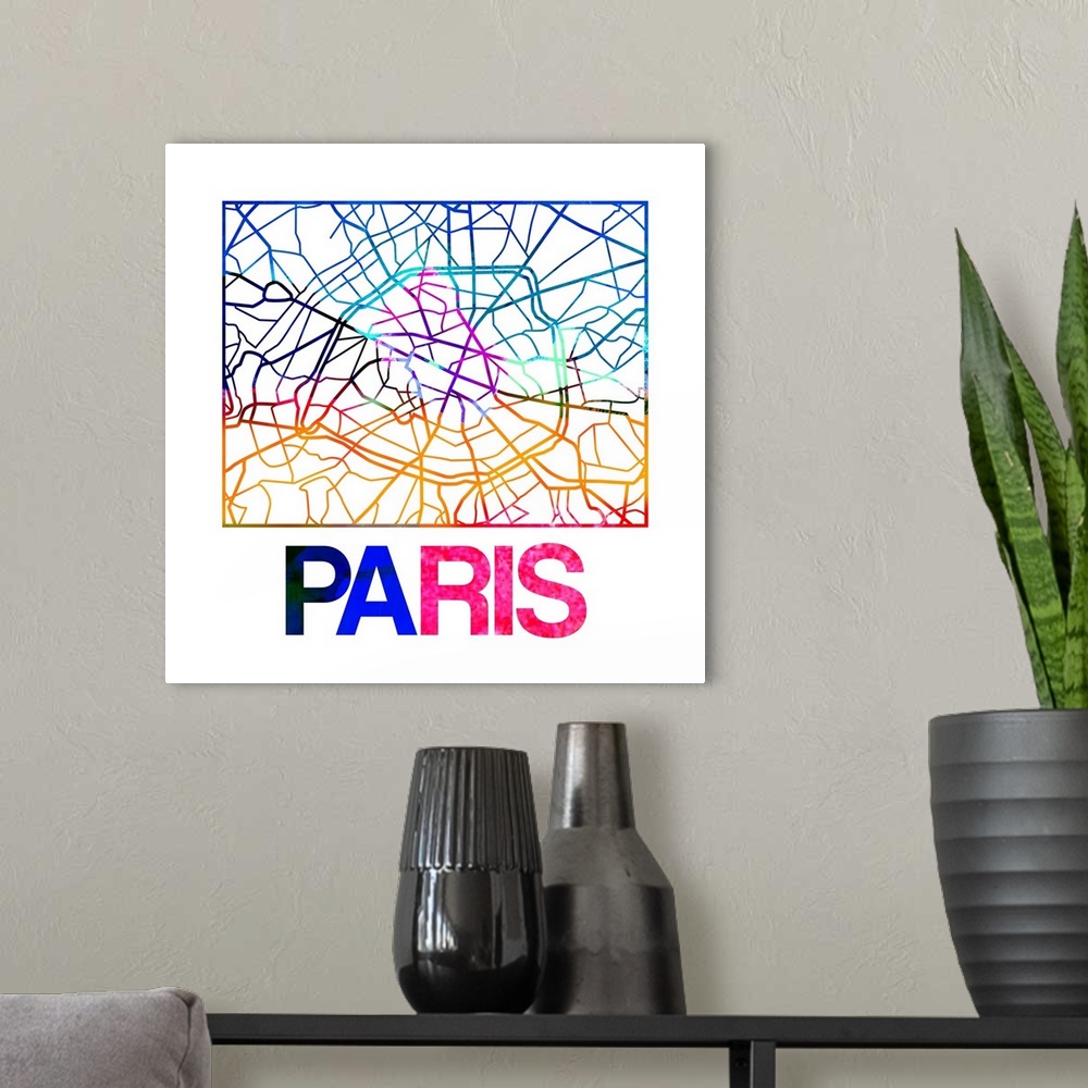 A modern room featuring Colorful map of the streets of Paris, France.