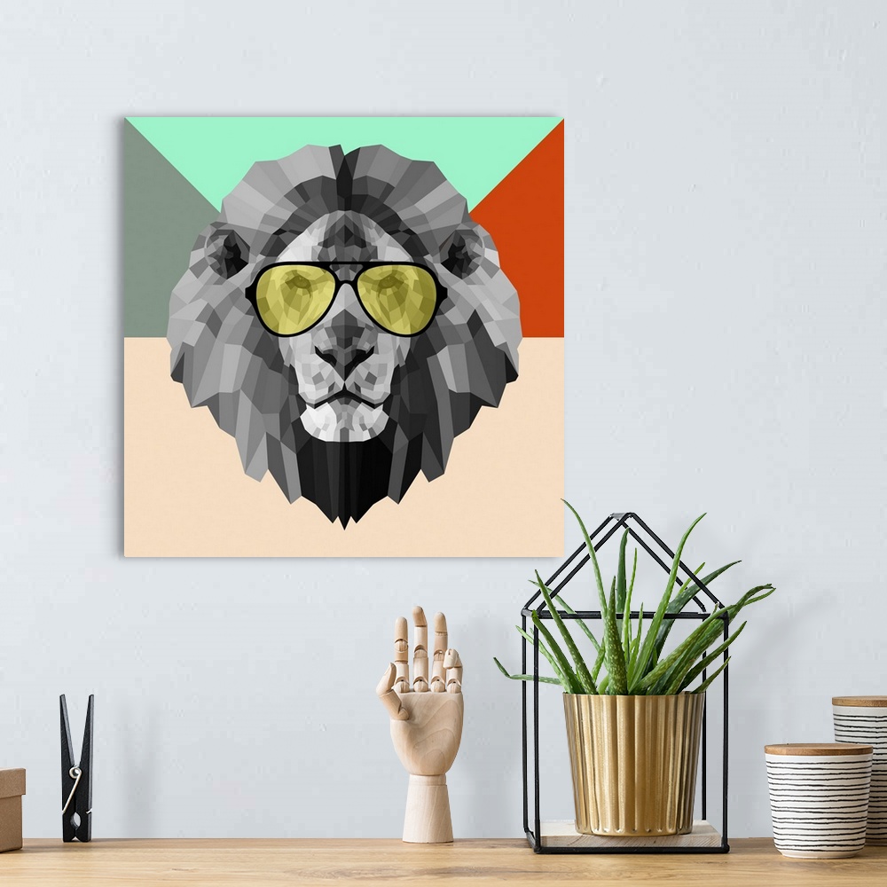 A bohemian room featuring Lion head wearing sunglasses made up of a polygon mesh.