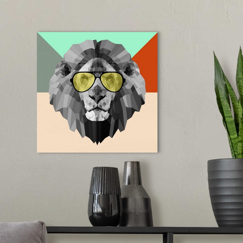 A modern room featuring Lion head wearing sunglasses made up of a polygon mesh.