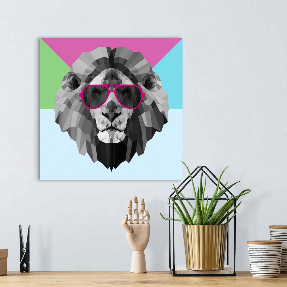 A bohemian room featuring Lion head wearing sunglasses made up of a polygon mesh.