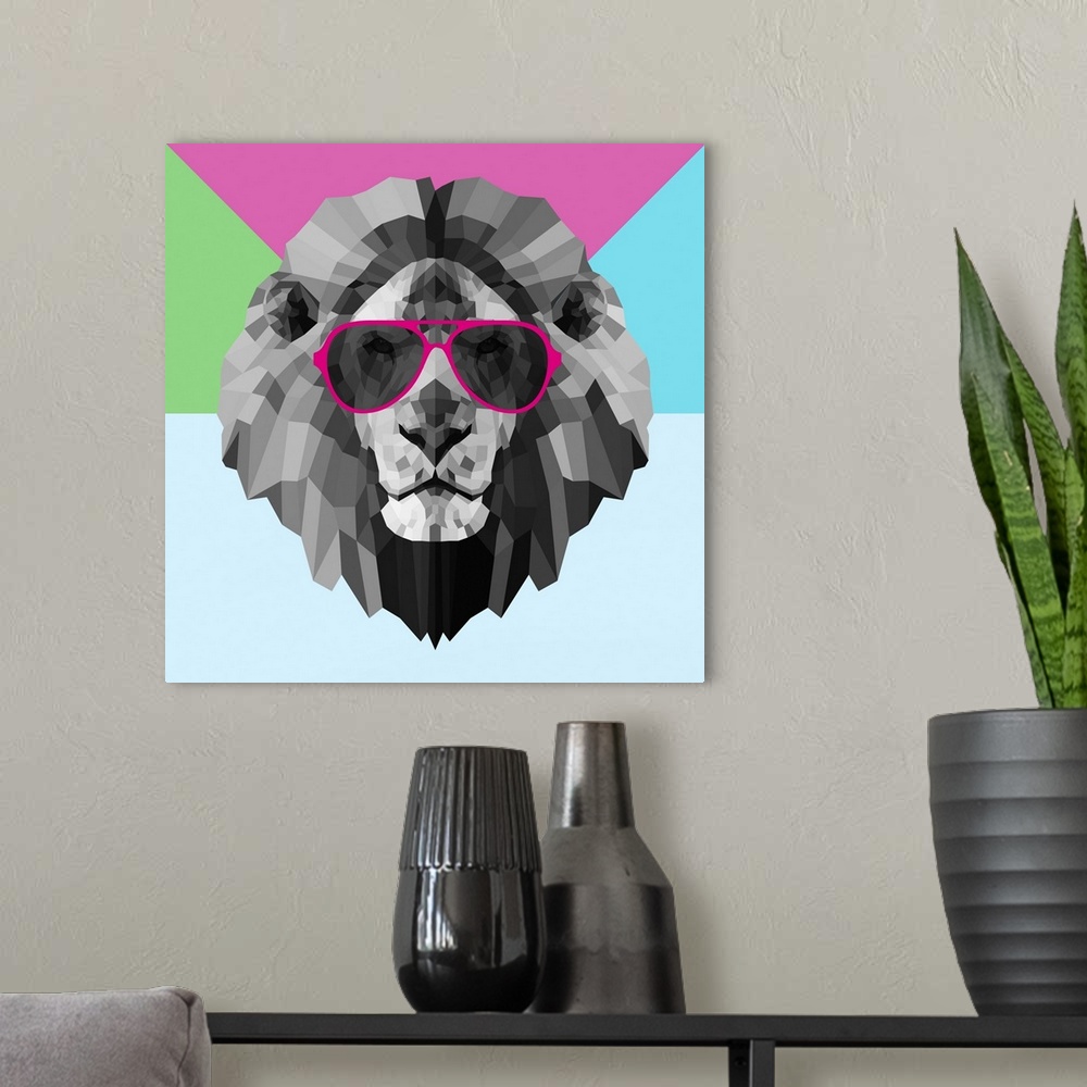 A modern room featuring Lion head wearing sunglasses made up of a polygon mesh.