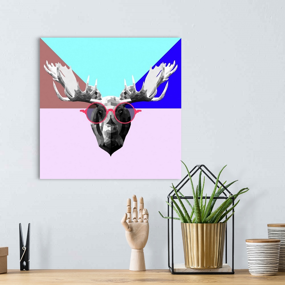 A bohemian room featuring Moose head wearing sunglasses made up of a polygon mesh.