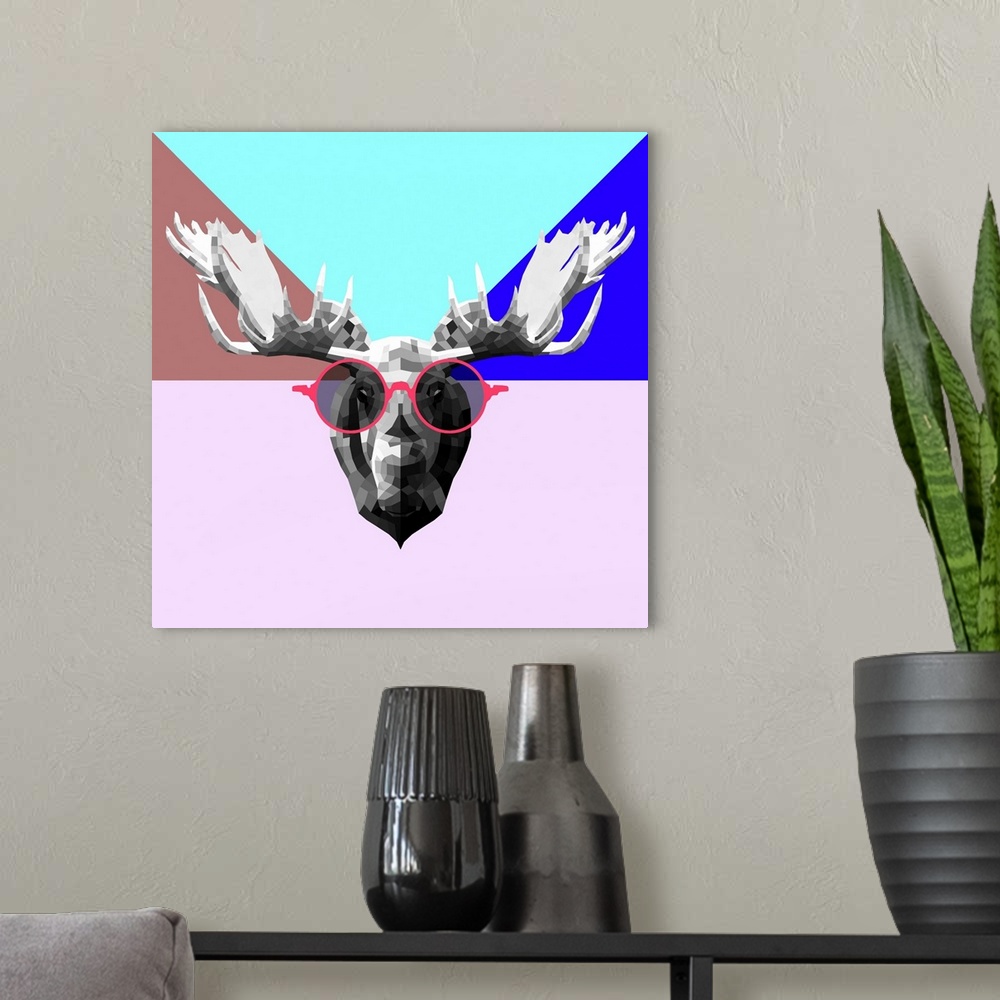 A modern room featuring Moose head wearing sunglasses made up of a polygon mesh.
