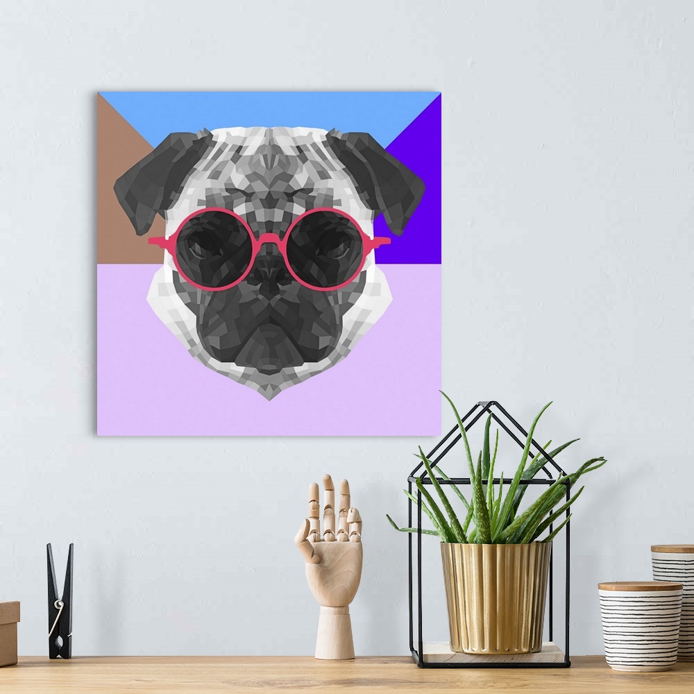 A bohemian room featuring Pug head wearing sunglasses made up of a polygon mesh.