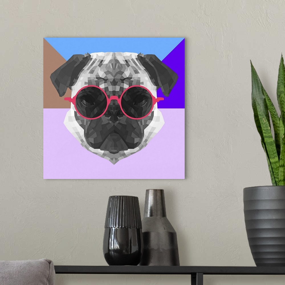 A modern room featuring Pug head wearing sunglasses made up of a polygon mesh.