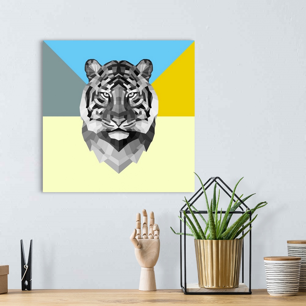 A bohemian room featuring Tiger head made up of a polygon mesh.