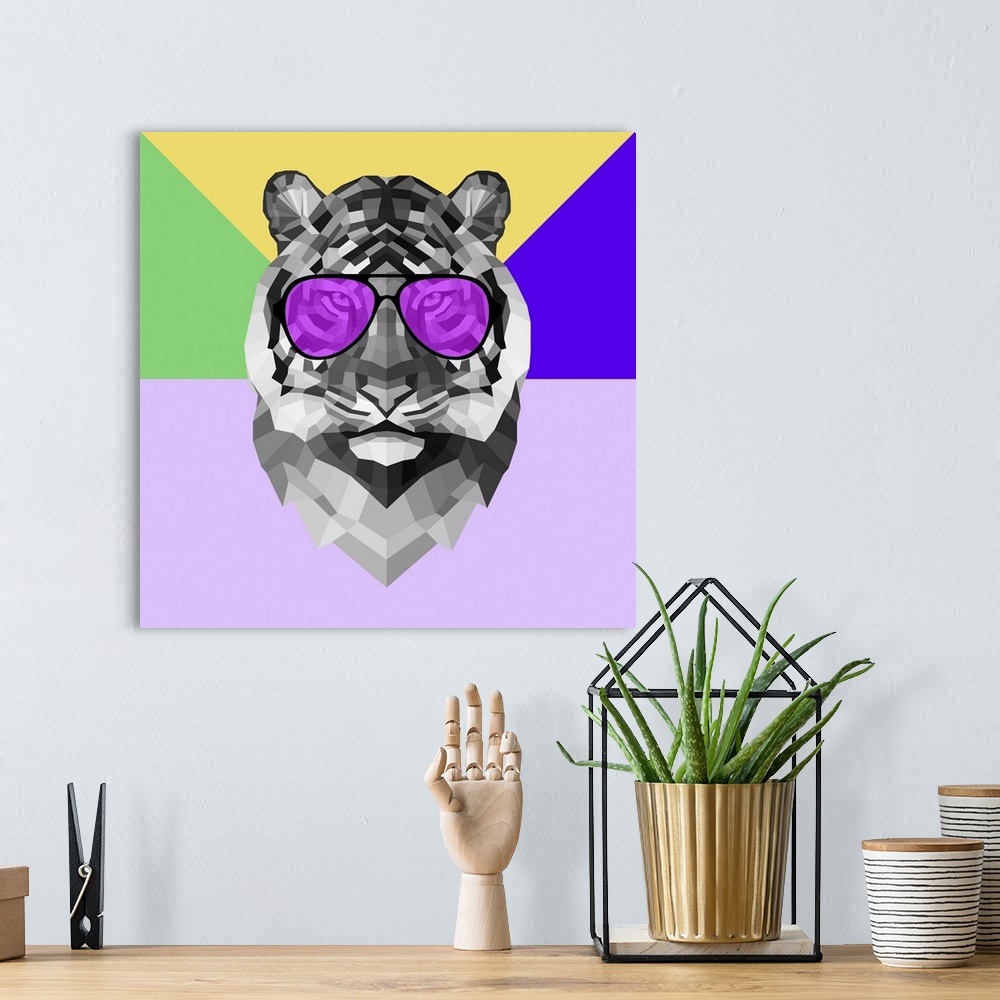 A bohemian room featuring Tiger head wearing sunglasses made up of a polygon mesh.