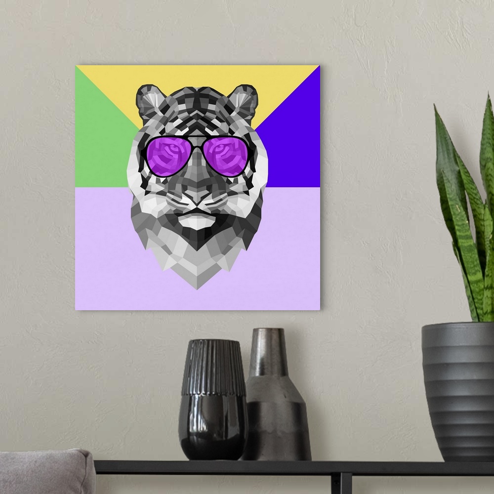 A modern room featuring Tiger head wearing sunglasses made up of a polygon mesh.