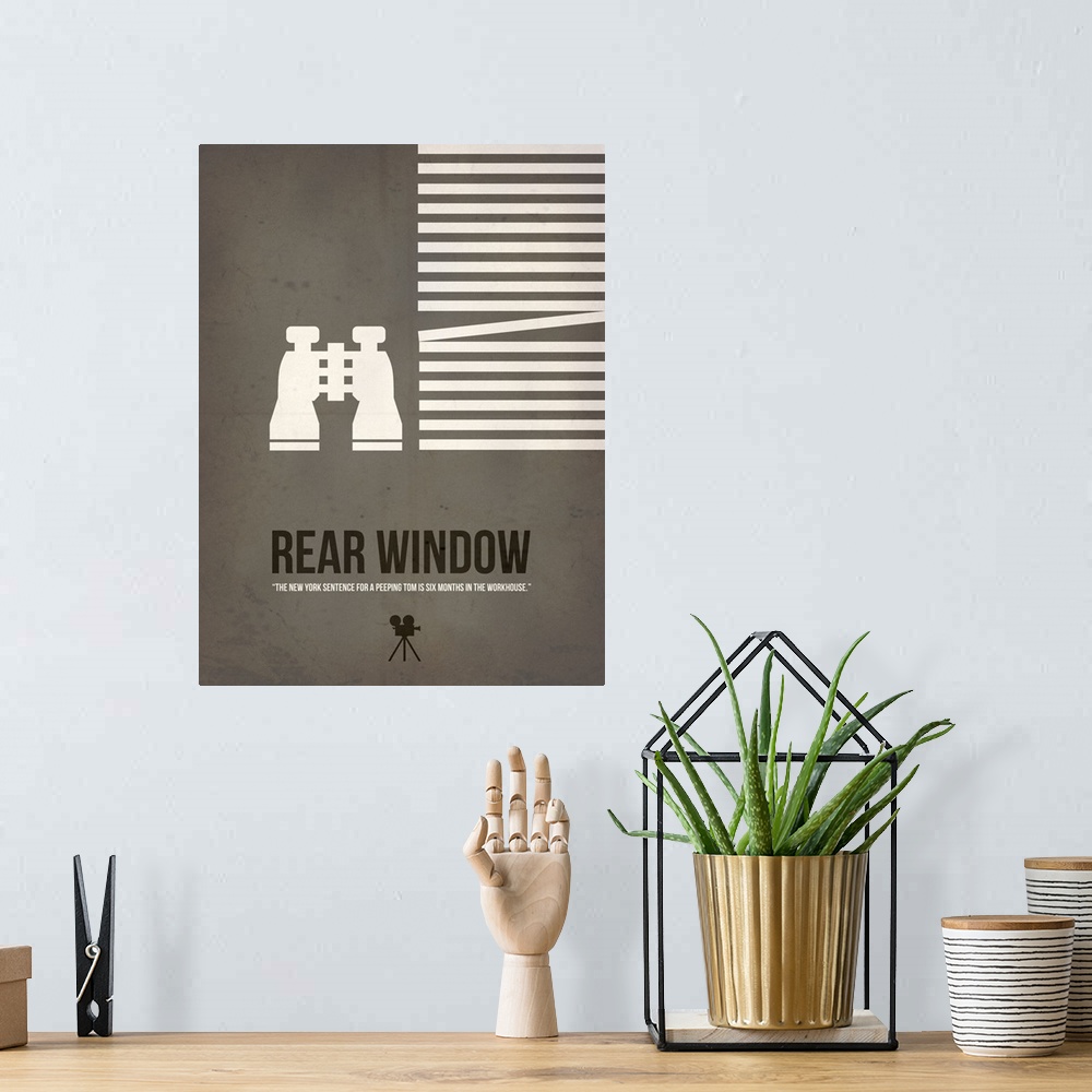A bohemian room featuring Contemporary minimalist movie poster artwork of Rear Window.