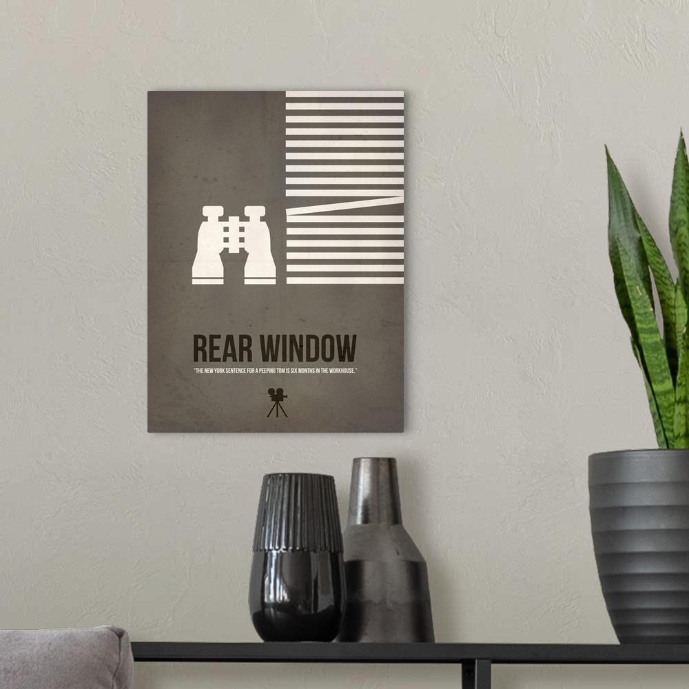 A modern room featuring Contemporary minimalist movie poster artwork of Rear Window.