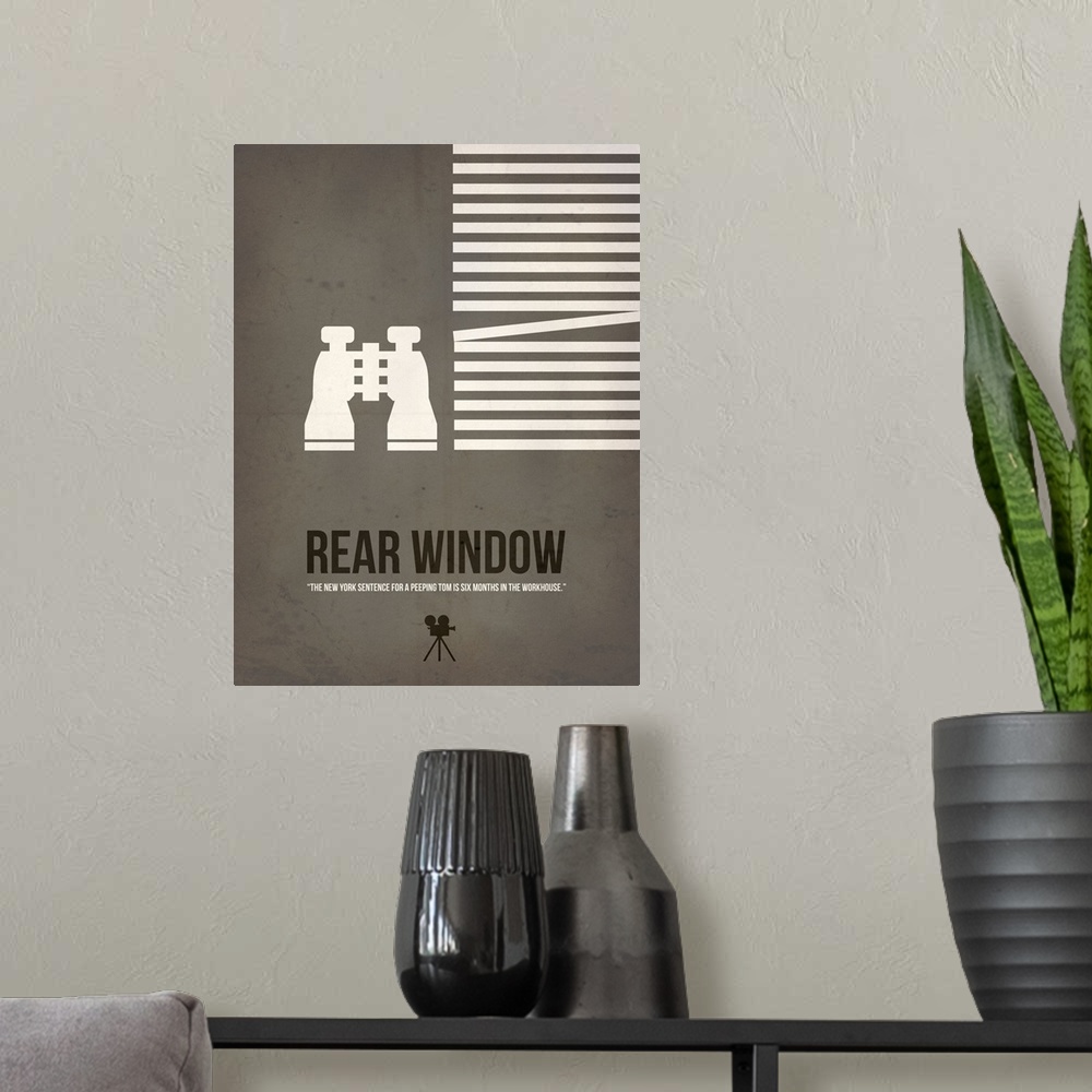 A modern room featuring Contemporary minimalist movie poster artwork of Rear Window.