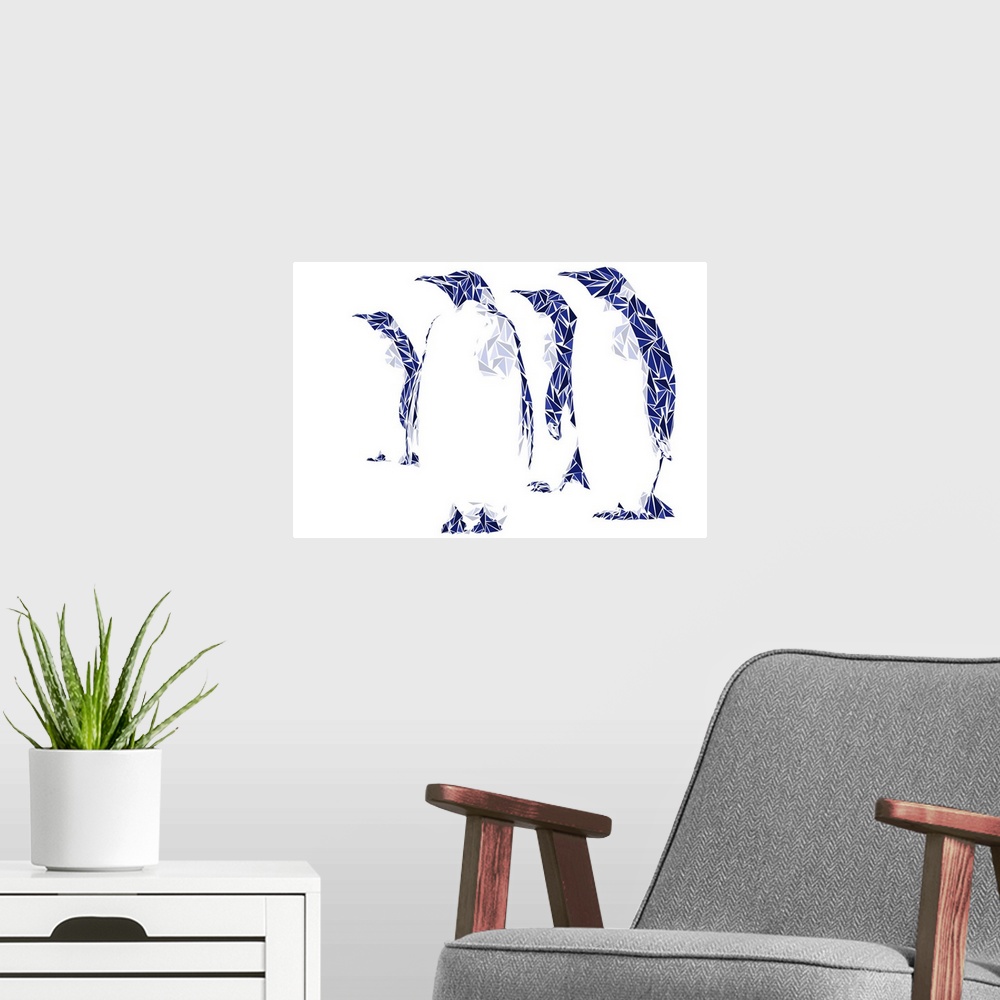A modern room featuring Four Emperor Penguins made up of triangular geometric shapes.