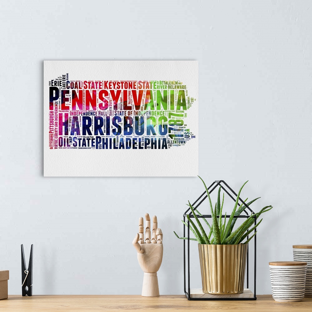 A bohemian room featuring Watercolor typography art map of the US state Pennsylvania.