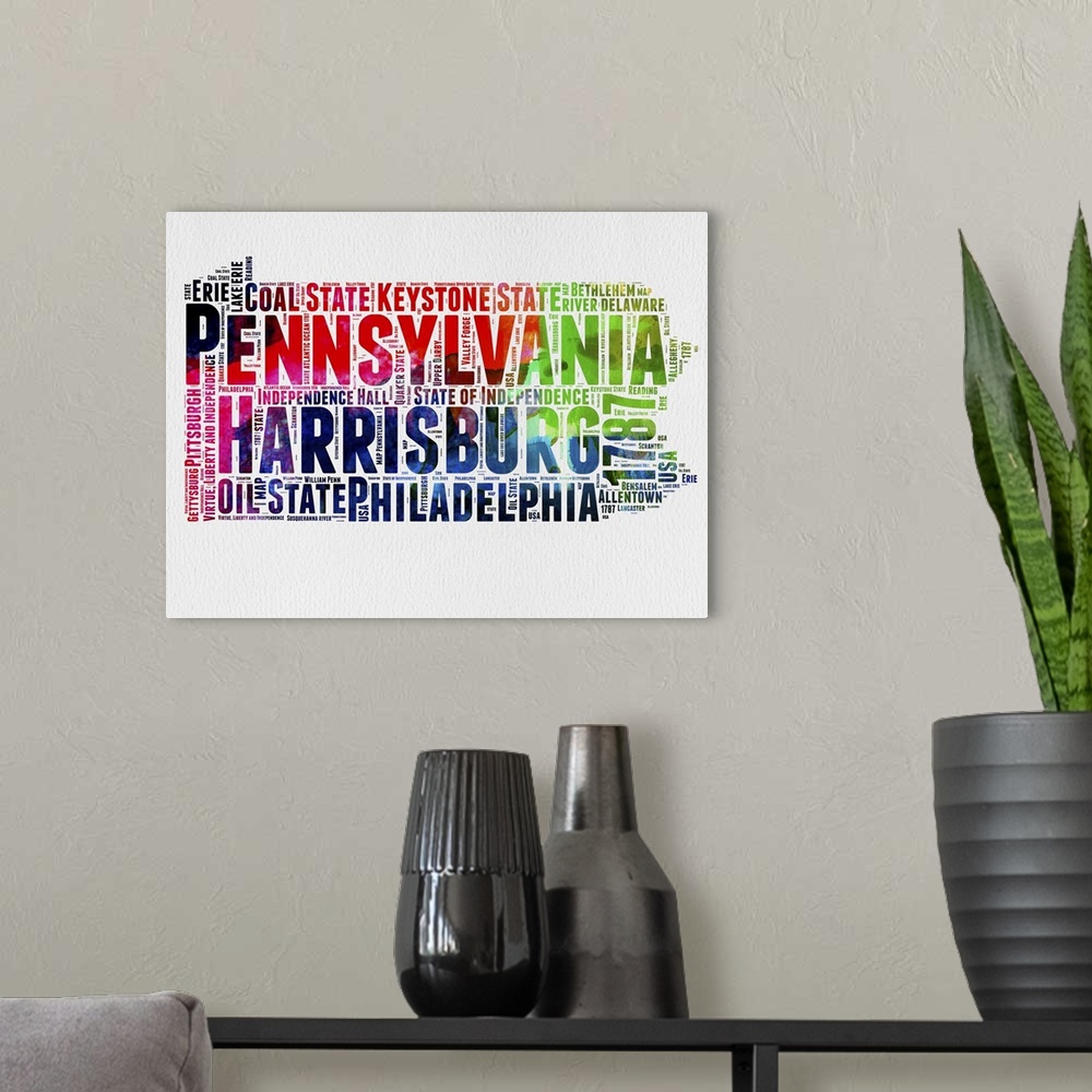A modern room featuring Watercolor typography art map of the US state Pennsylvania.