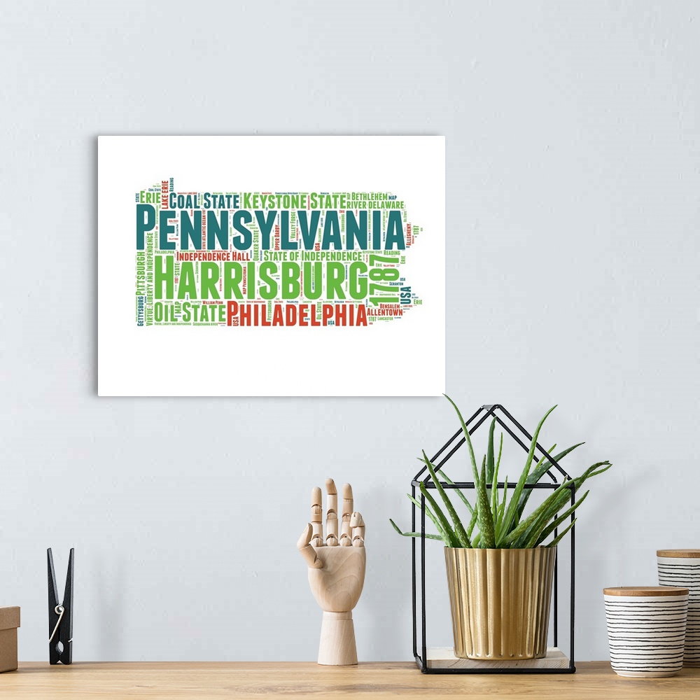 A bohemian room featuring Typography art map of the US state Pennsylvania.