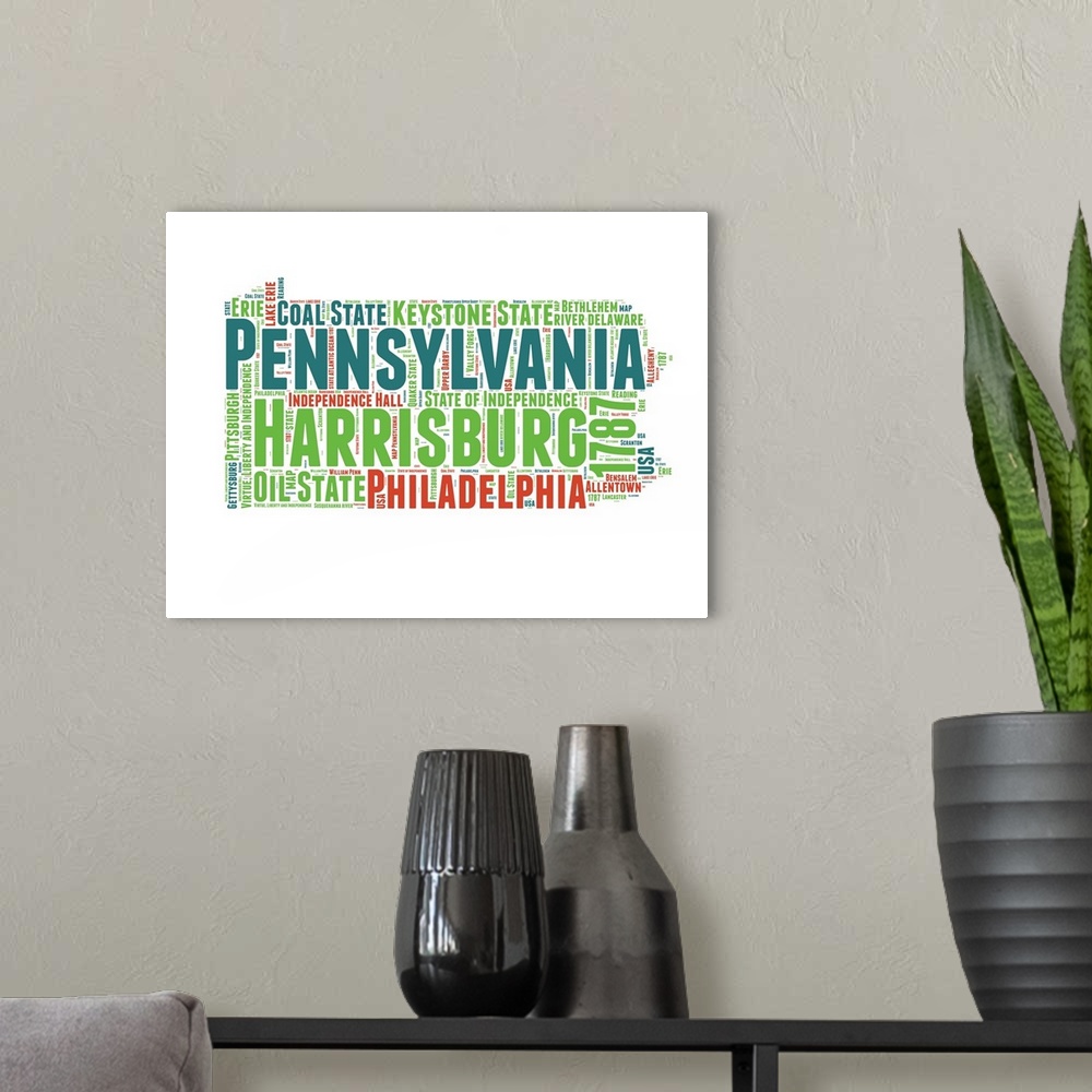 A modern room featuring Typography art map of the US state Pennsylvania.