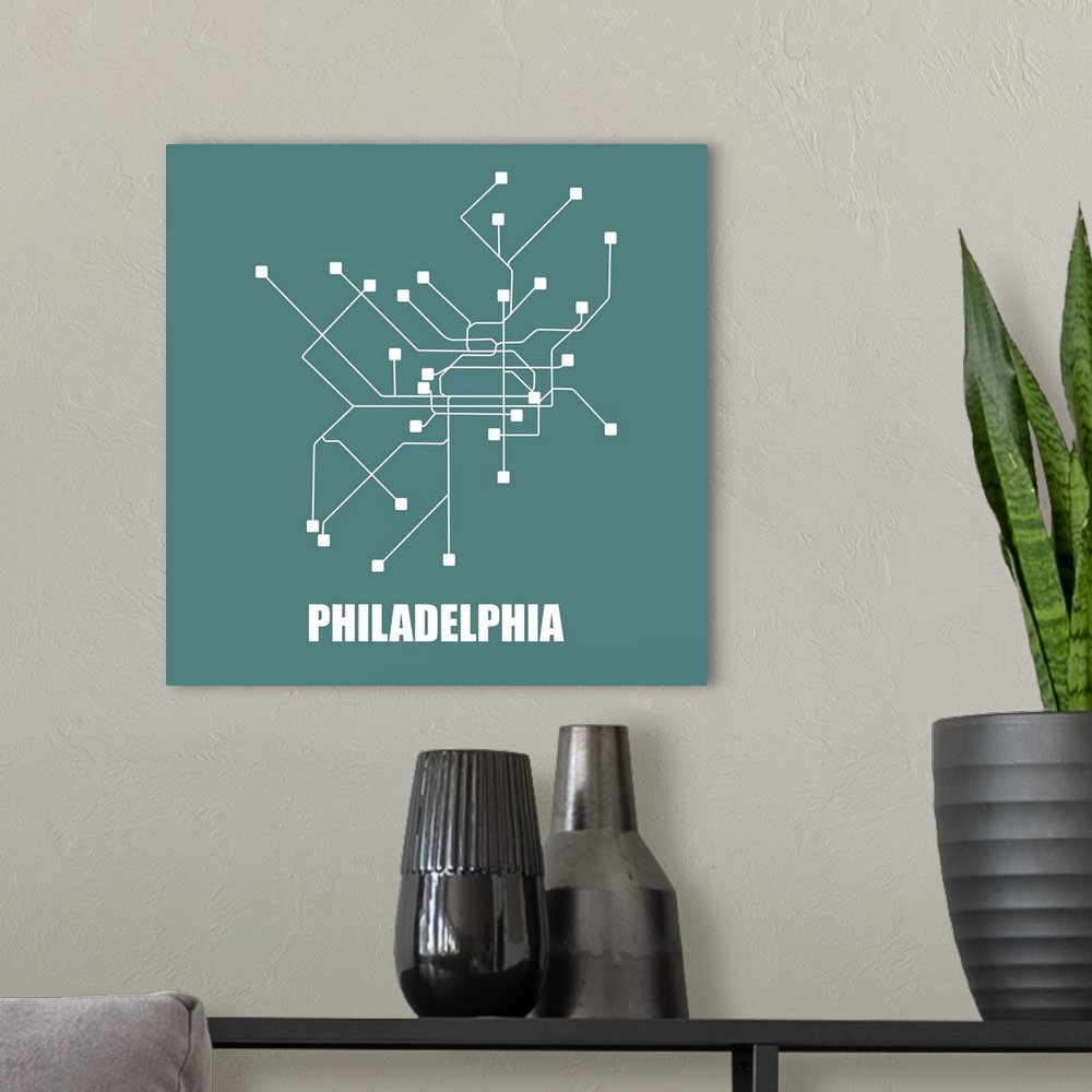 A modern room featuring Philadelphia Teal Subway Map