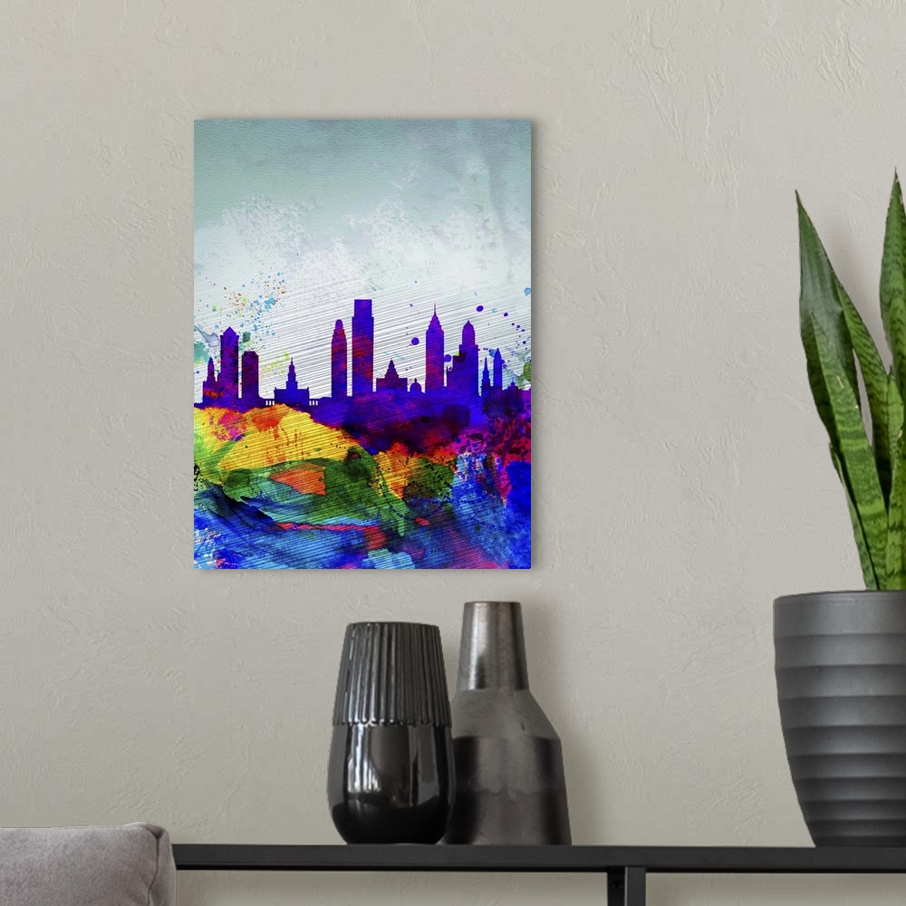 A modern room featuring Philadelphia Watercolor Skyline