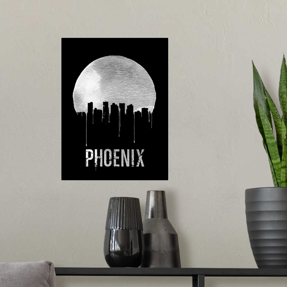 A modern room featuring Contemporary watercolor artwork of the Phoenix city skyline, in silhouette.