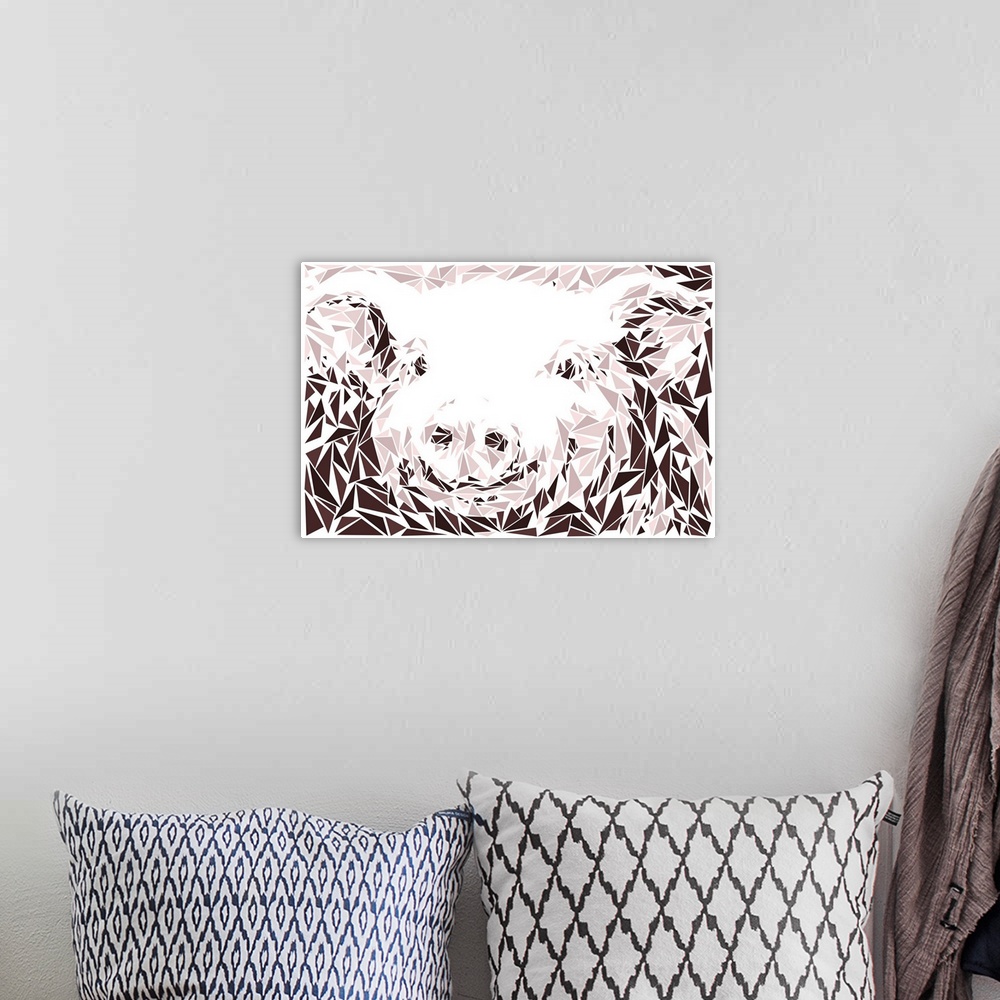 A bohemian room featuring A smiling piglet made up of triangular geometric shapes.
