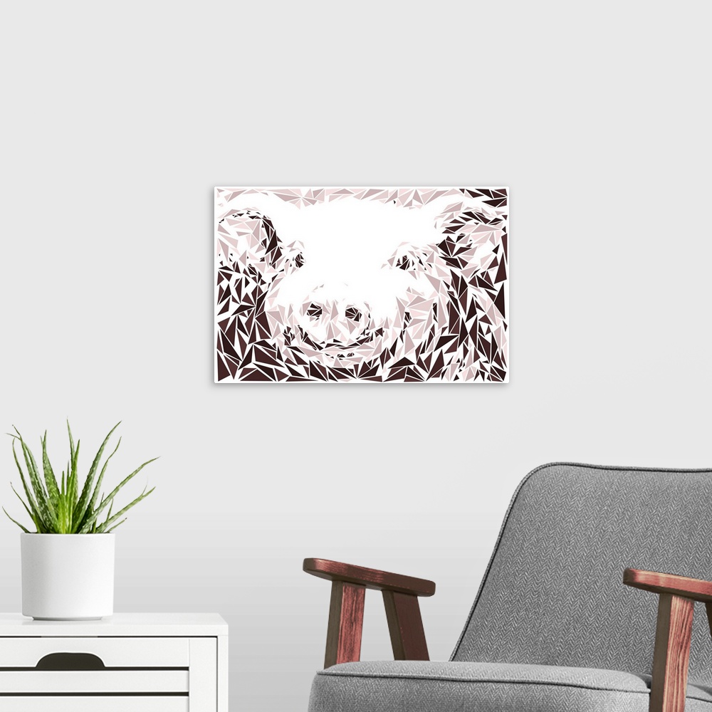A modern room featuring A smiling piglet made up of triangular geometric shapes.