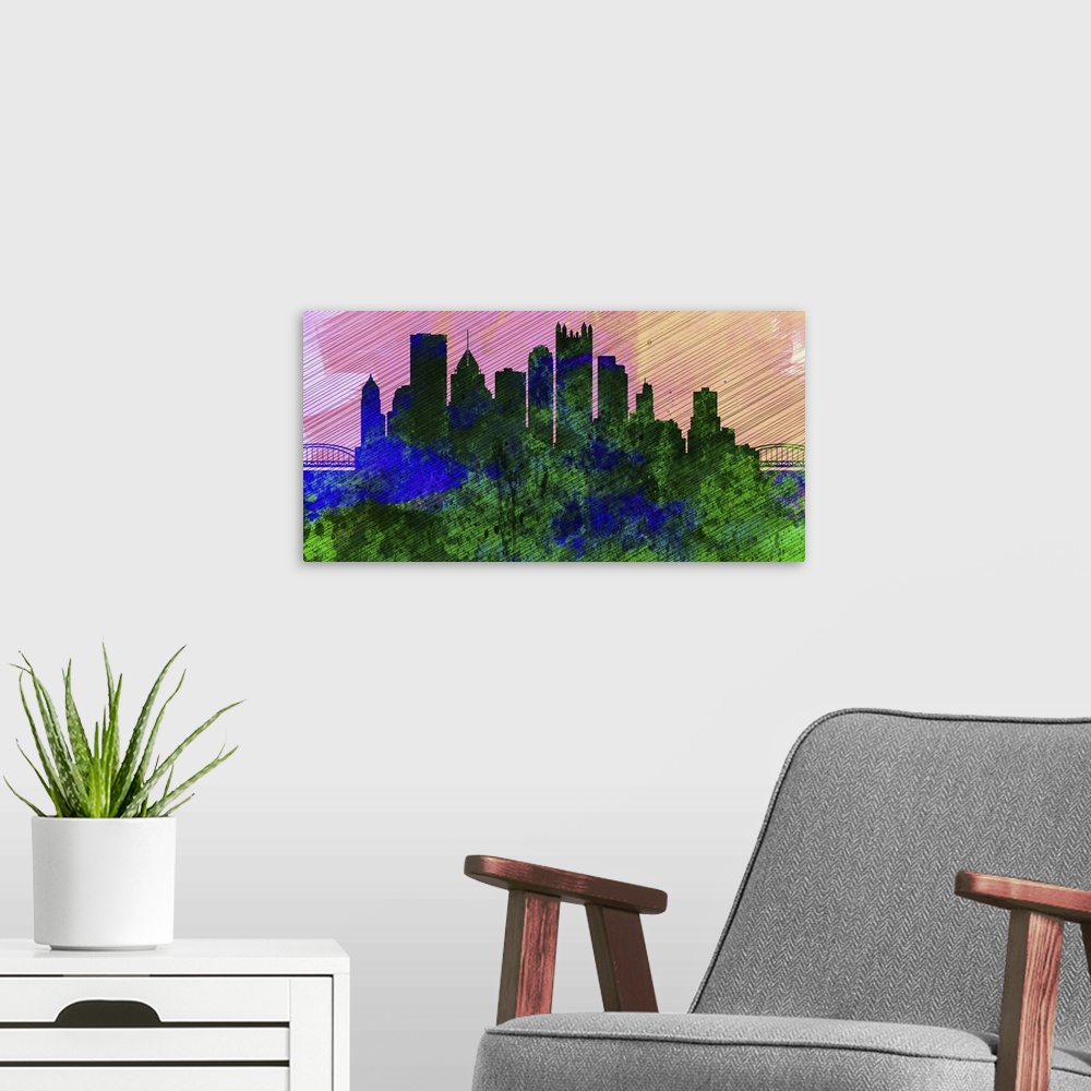 A modern room featuring Pittsburgh City Skyline