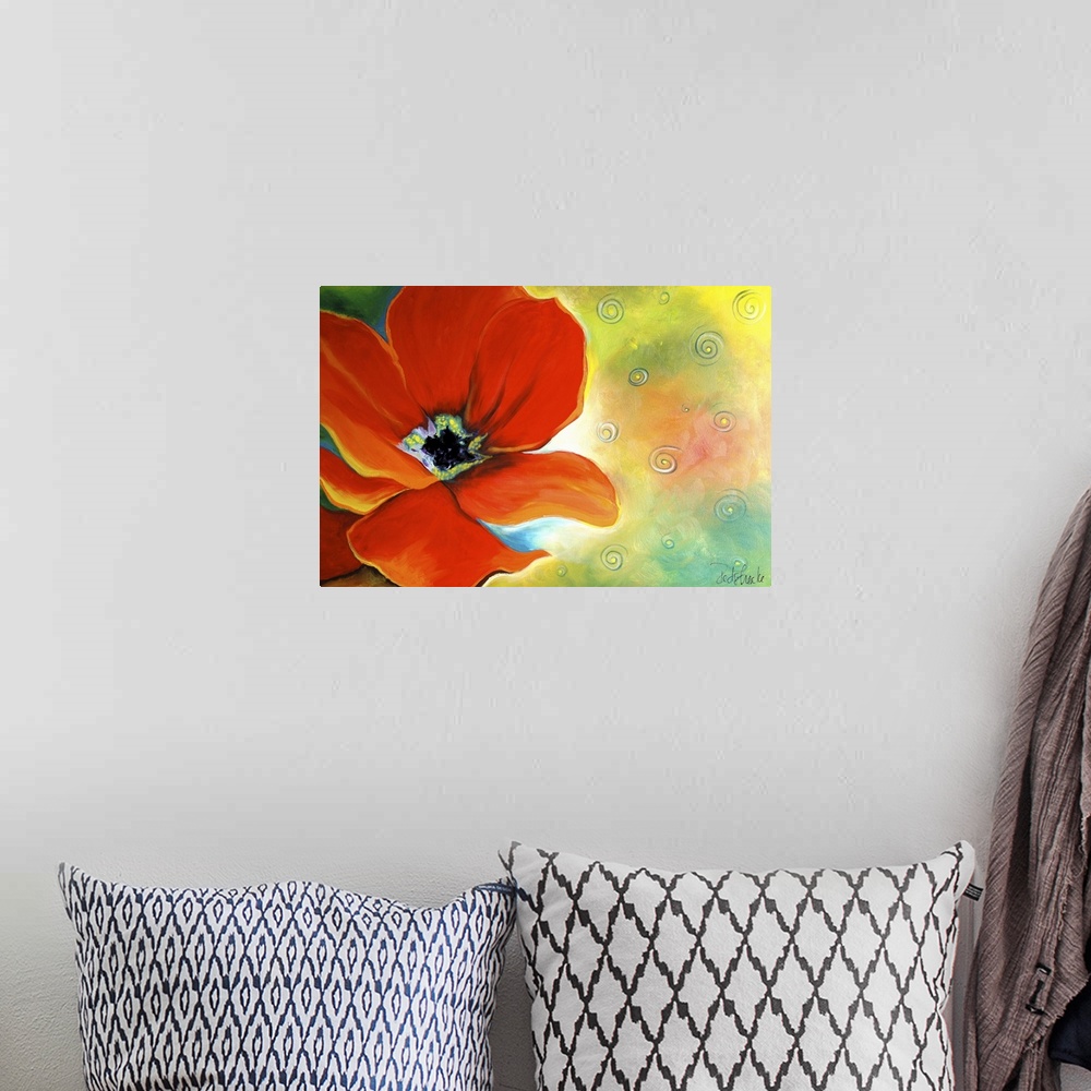 A bohemian room featuring Contemporary painting of a red poppy against an abstract background.