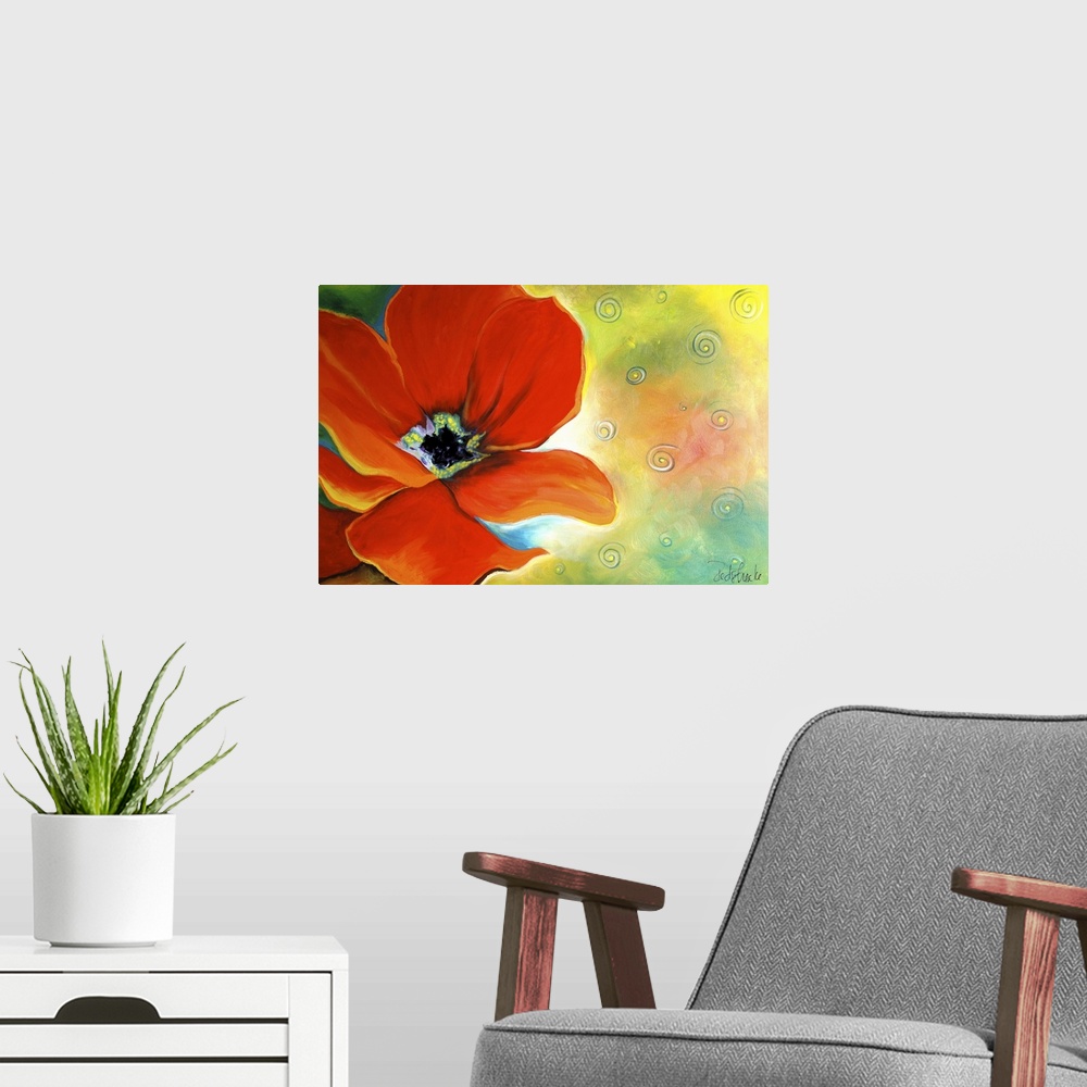 A modern room featuring Contemporary painting of a red poppy against an abstract background.