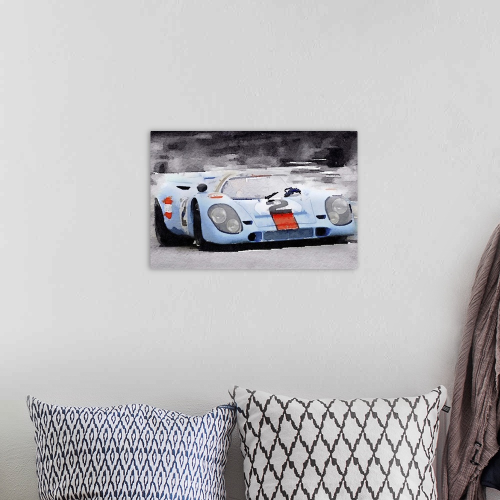 A bohemian room featuring Porsche 917 Gulf Watercolor