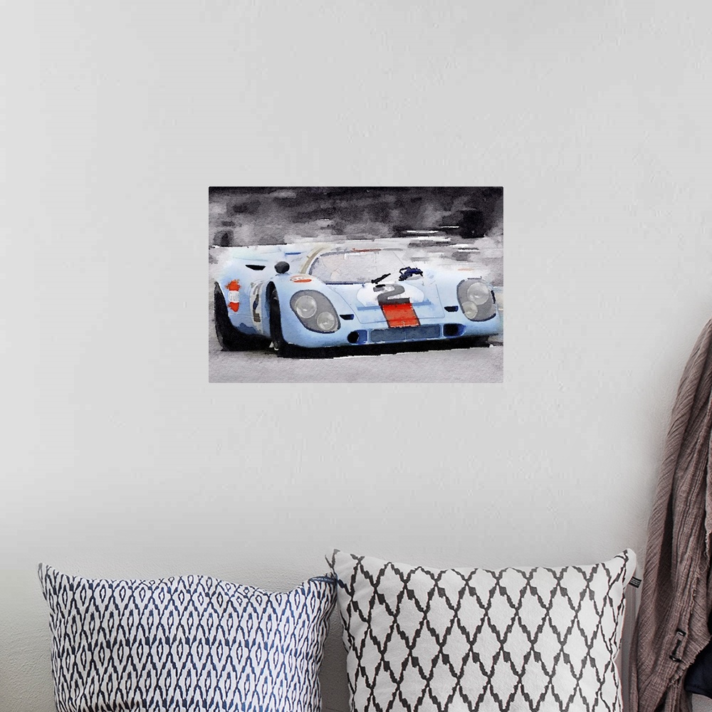 A bohemian room featuring Porsche 917 Gulf Watercolor
