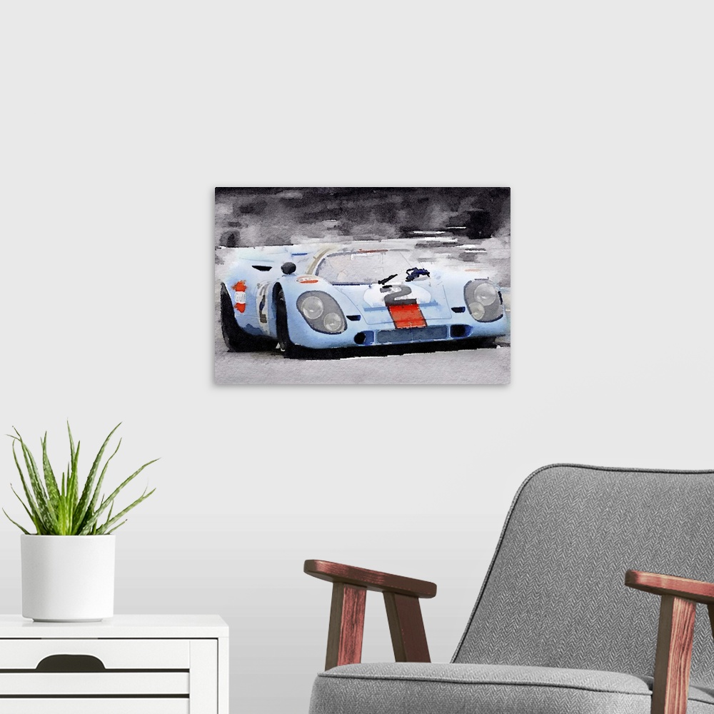 A modern room featuring Porsche 917 Gulf Watercolor