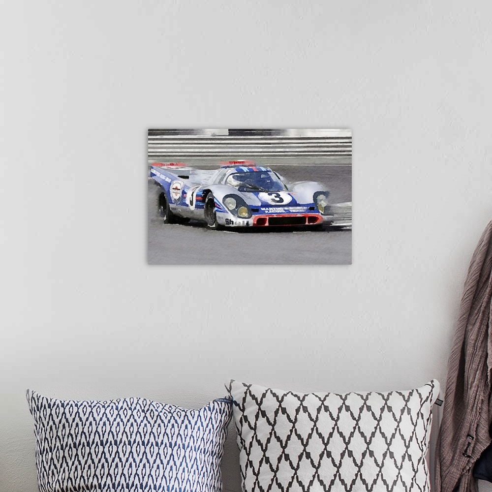 A bohemian room featuring Porsche 917 Martini Rossi Watercolor
