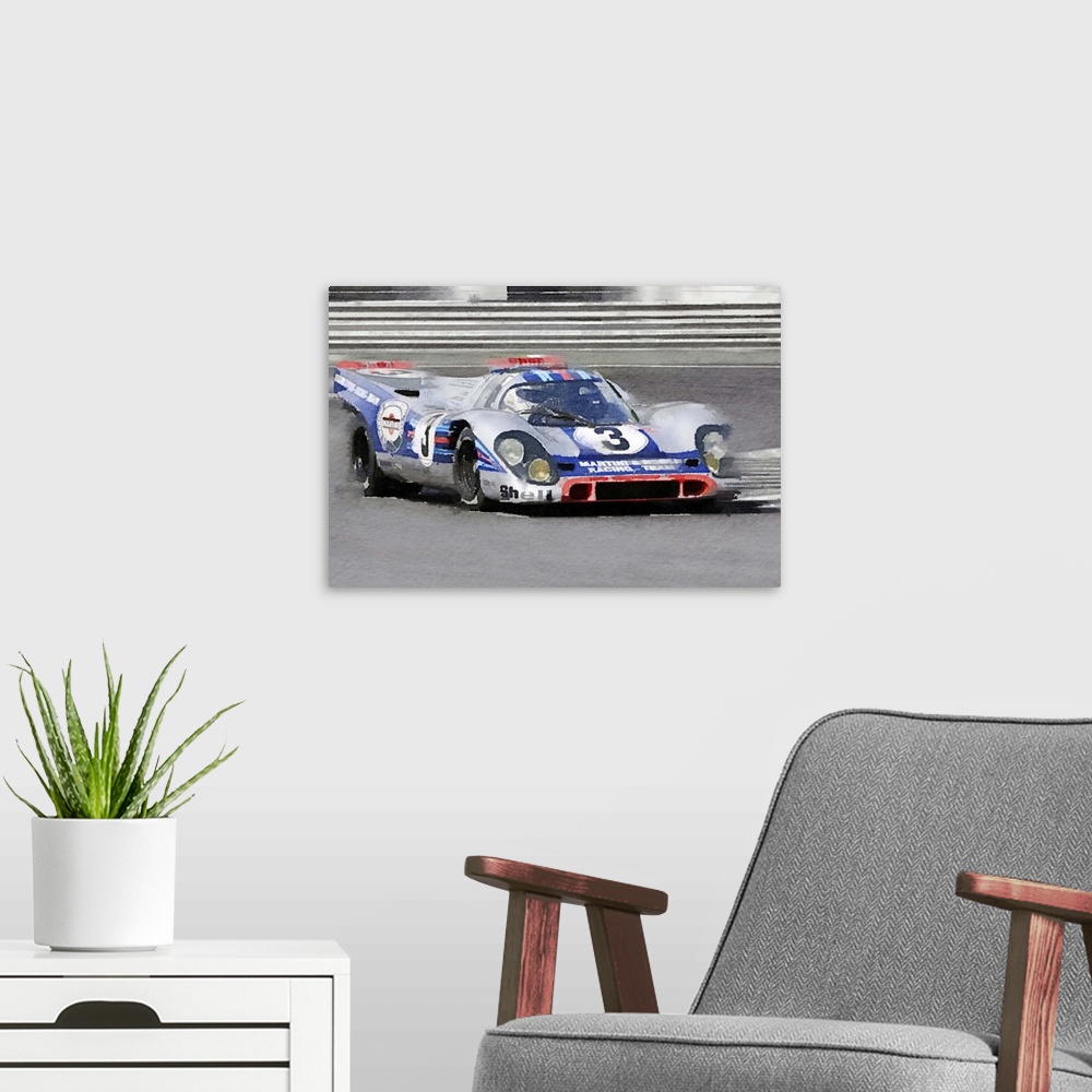A modern room featuring Porsche 917 Martini Rossi Watercolor