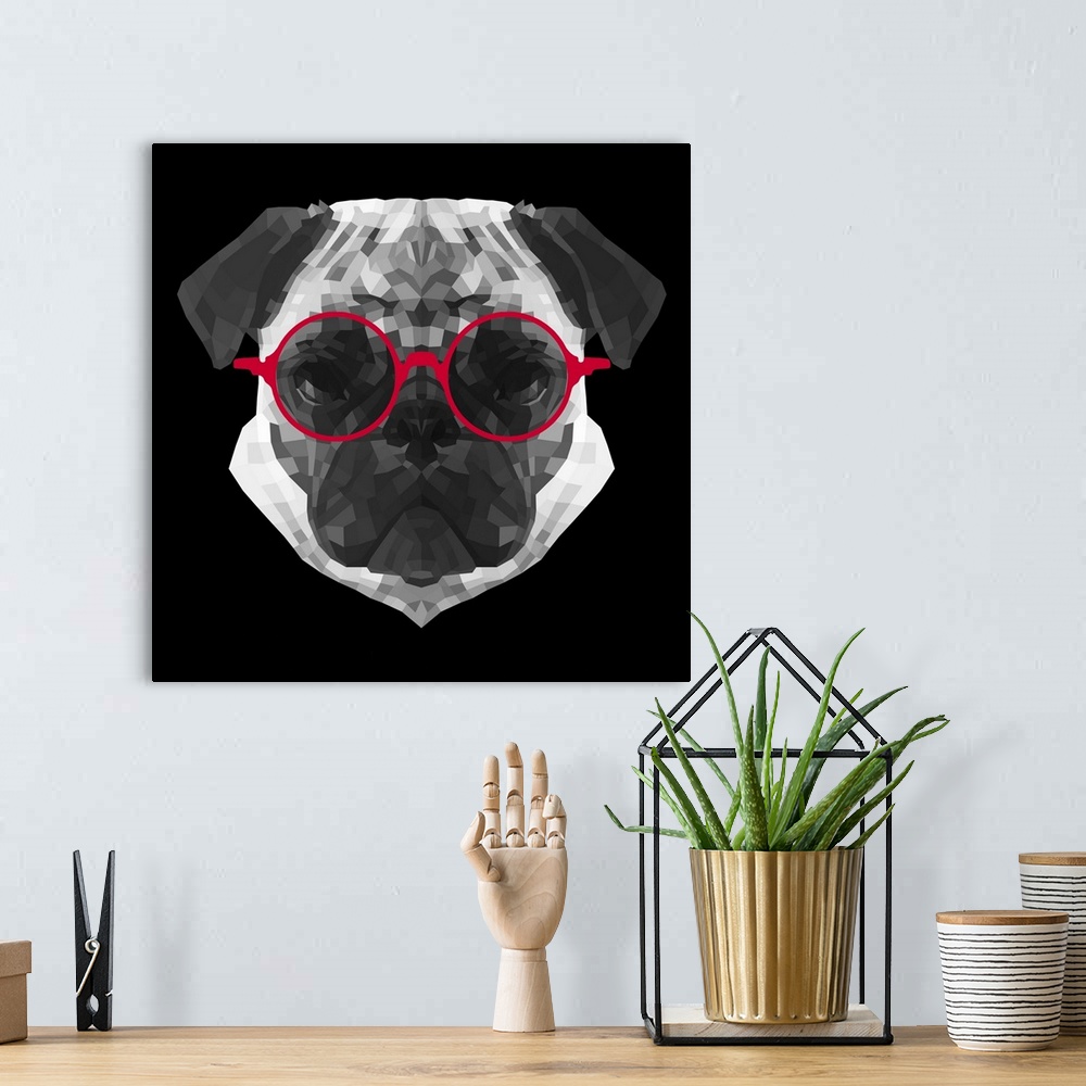 A bohemian room featuring Pug head wearing sunglasses made up of a polygon mesh.